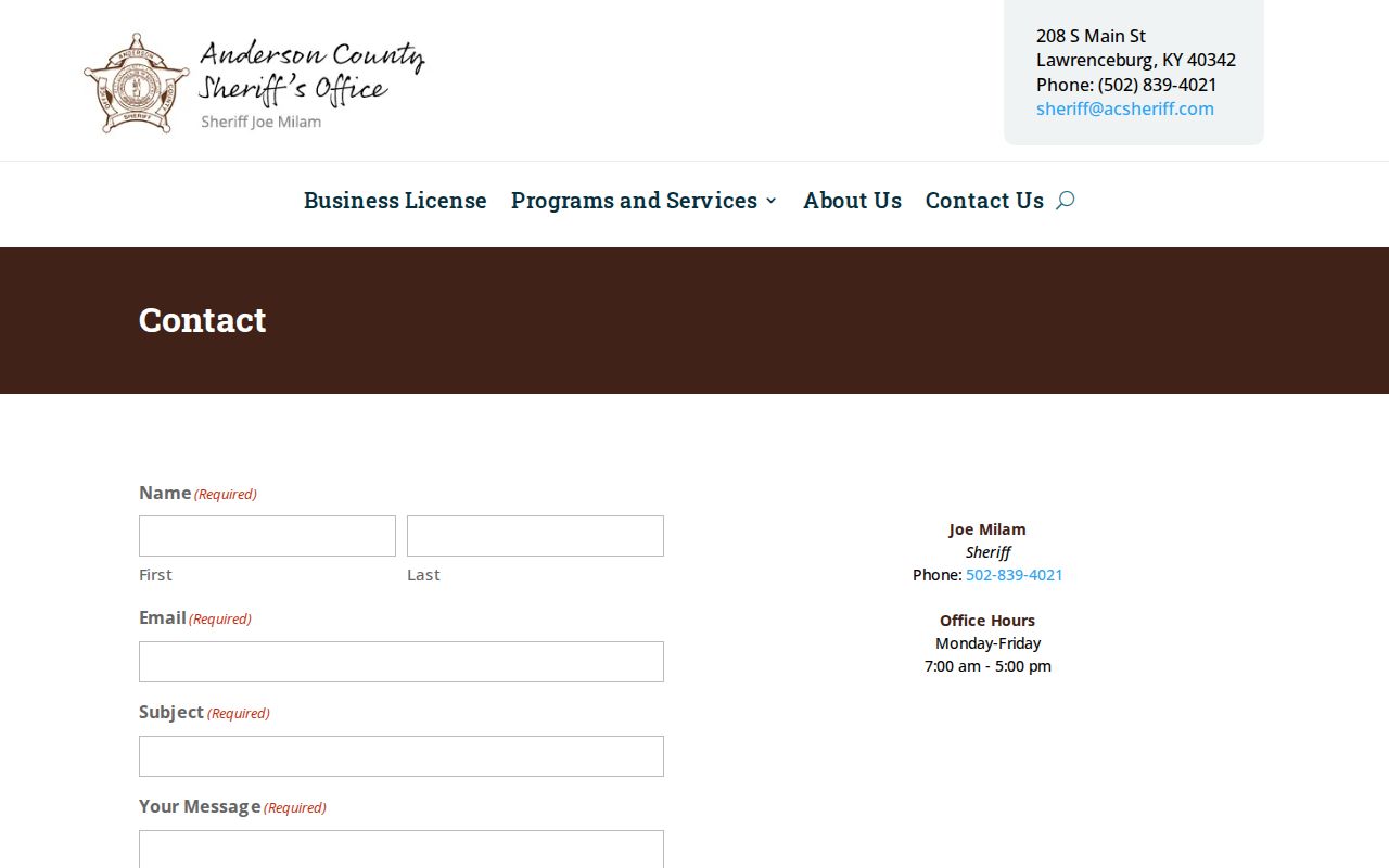 Anderson County Sheriff records routing contact page