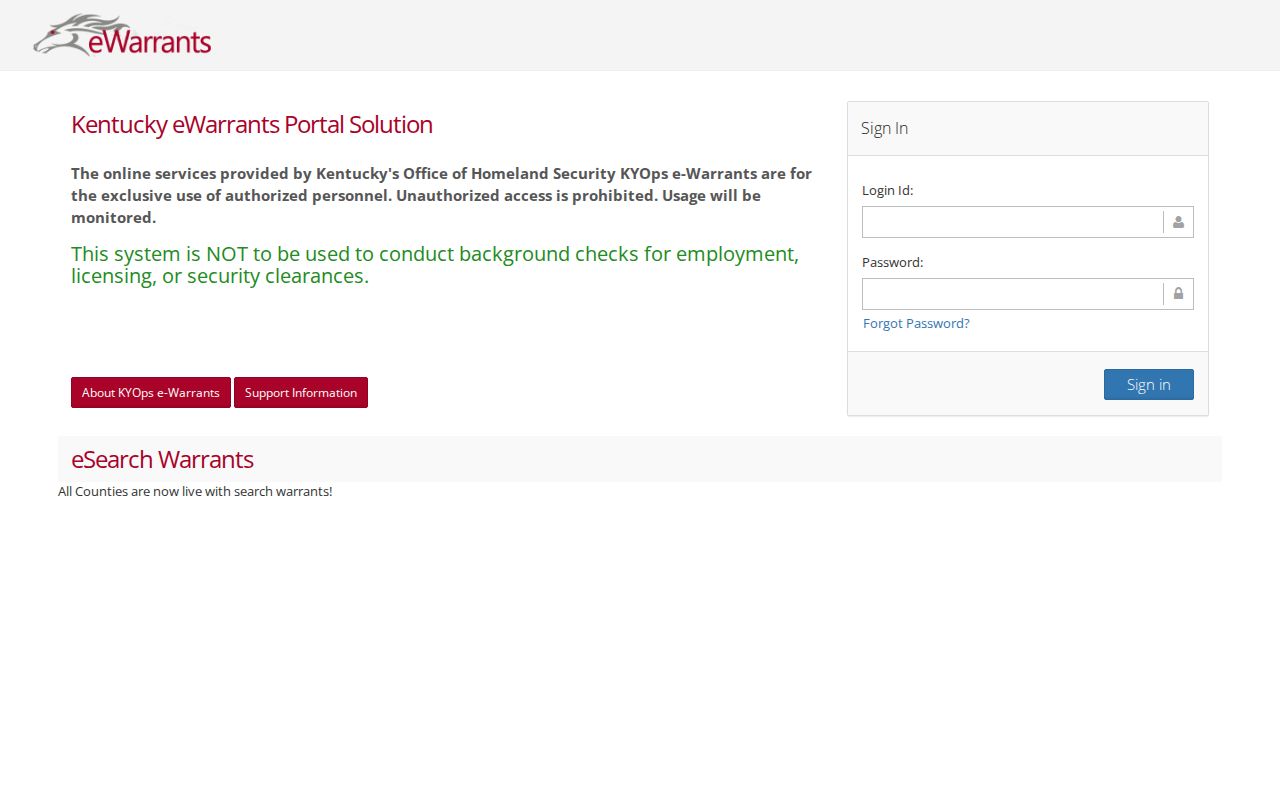Kentucky eWarrants restricted access page