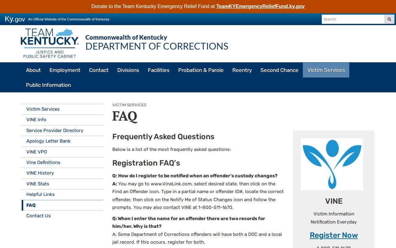 Kentucky Department of Corrections VINE FAQ with official search and alert instructions