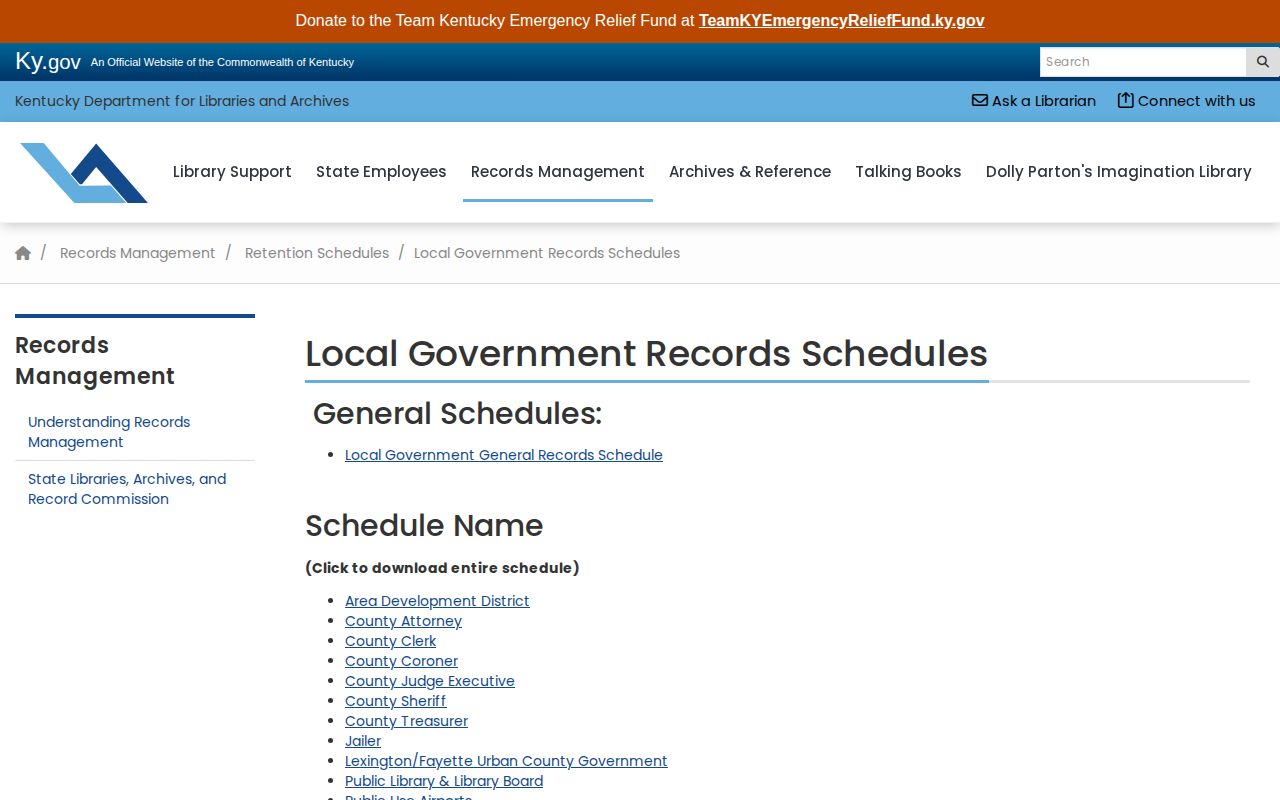 Kentucky retention schedules for Anderson County arrest and jail records
